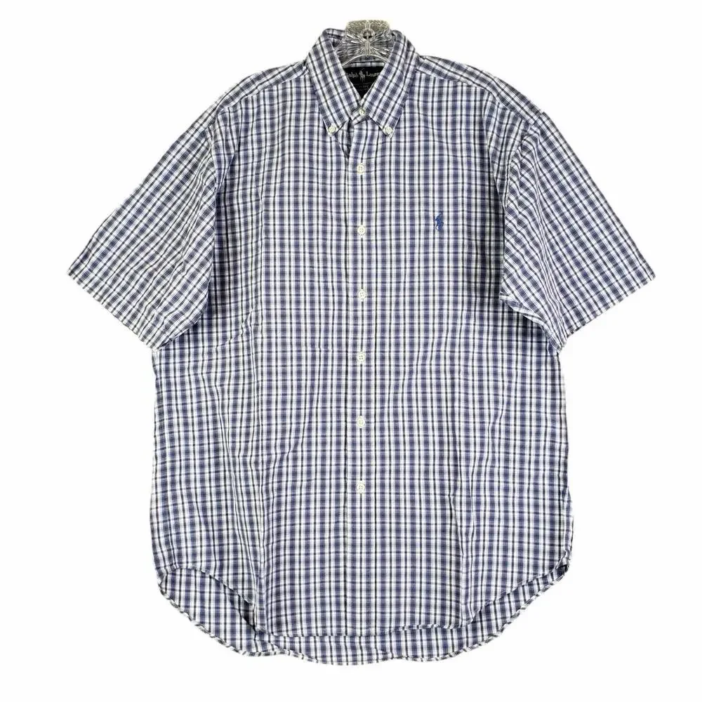 Polo Ralph Lauren Shirt Oxford Button Down SS Mens Size Medium Plaid Blake Blue